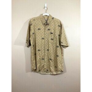 Woolrich Mens Hawaiian Fish Print Button Up Shirt L Biege Retro Dad Fishing 90s